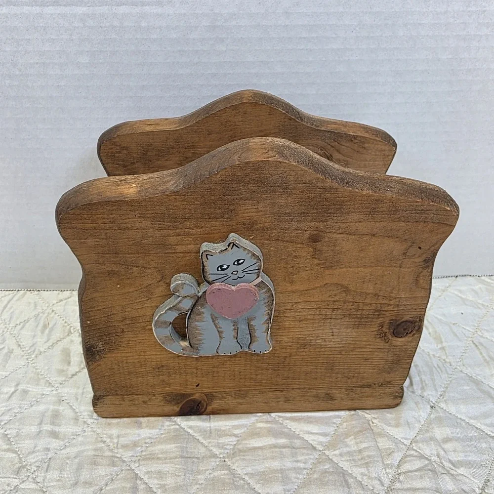 Vintage Cottage GrannyCore Wooden Cat Napkin Holder Heart Country Farmhouse Flaw